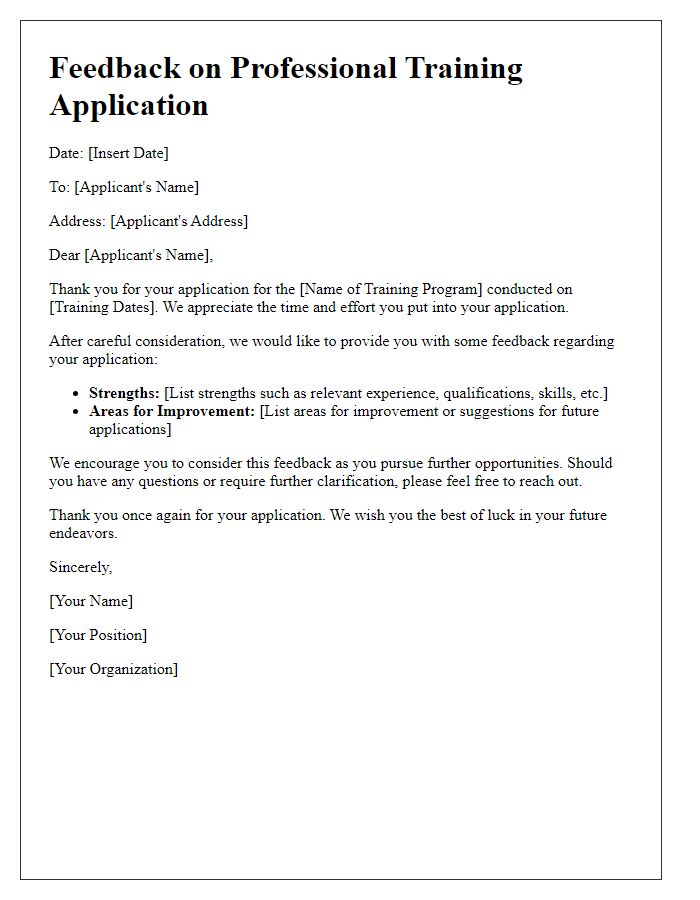 Letter template of feedback for professional training application