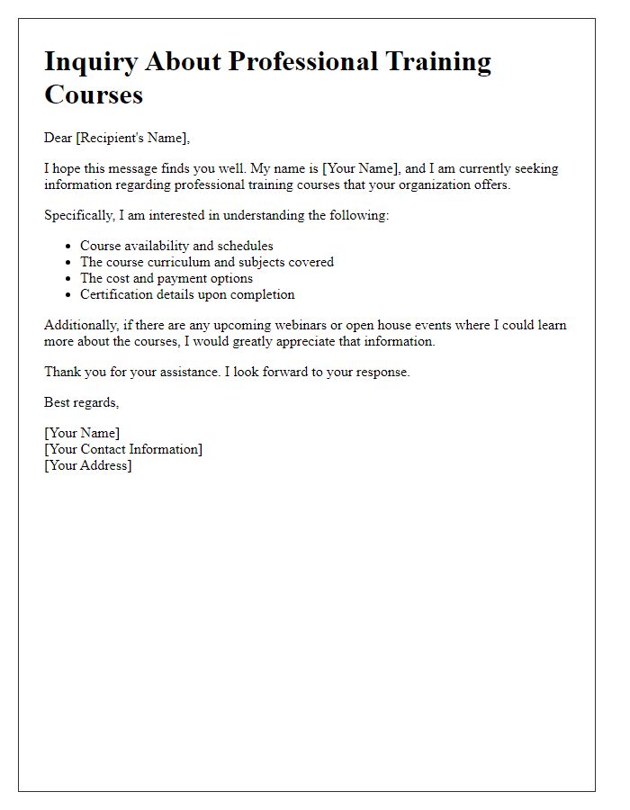 Letter template of inquiry regarding professional training courses