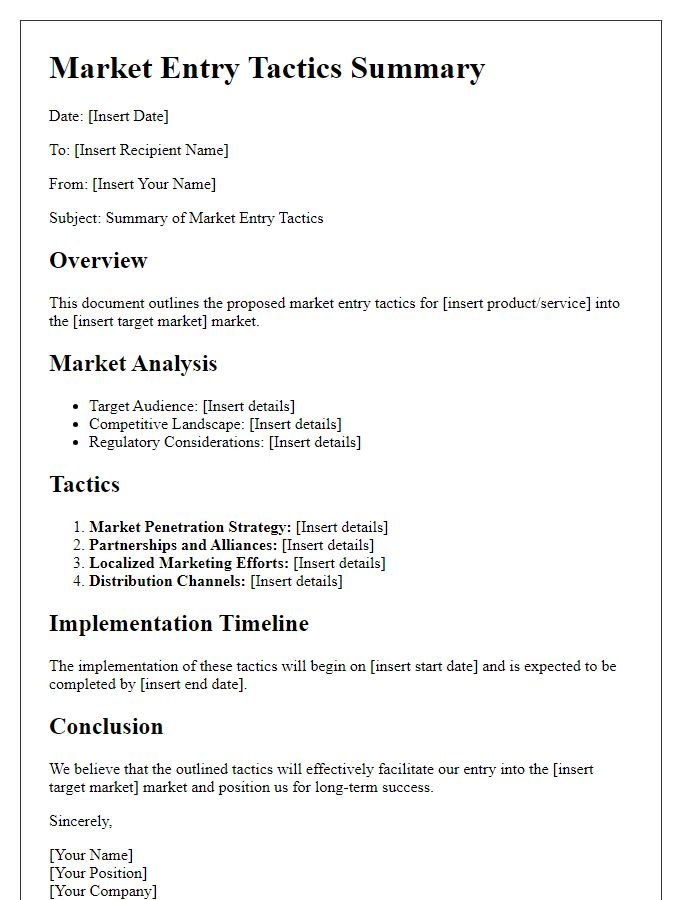 Letter template of market entry tactics summary