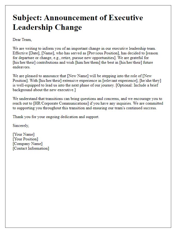 Letter template of executive leadership change communication