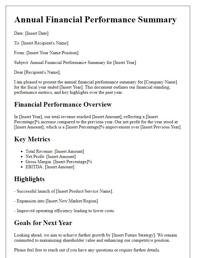 Letter template of annual financial performance summary