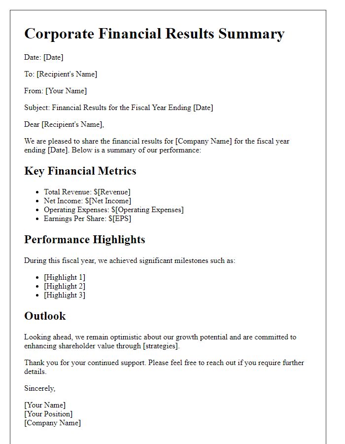 Letter template of corporate financial results summary