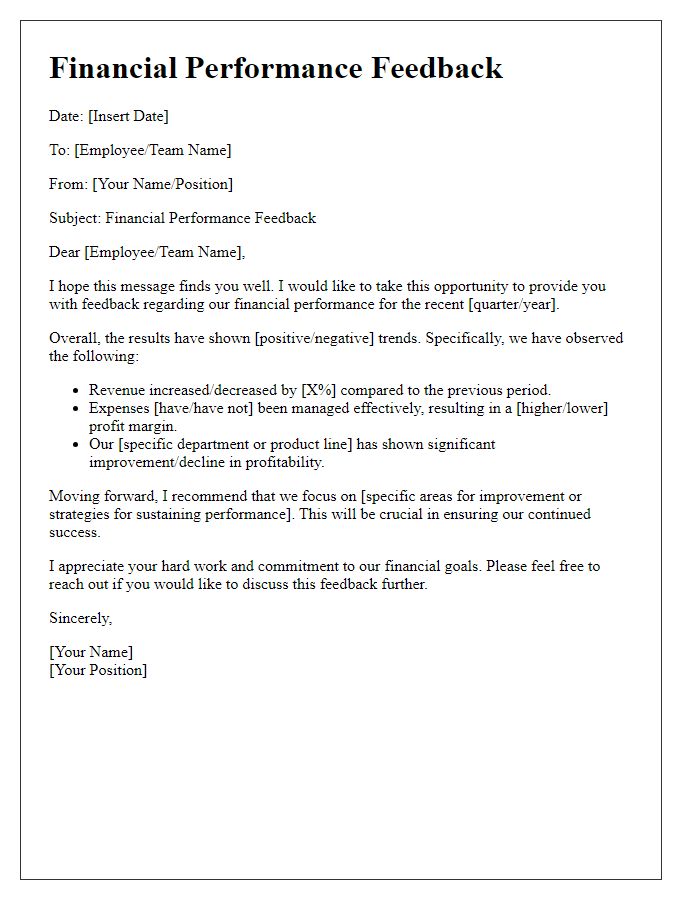 Letter template of financial performance feedback