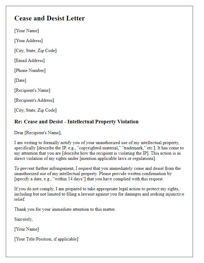 Letter template of Cease and Desist for IP Violation