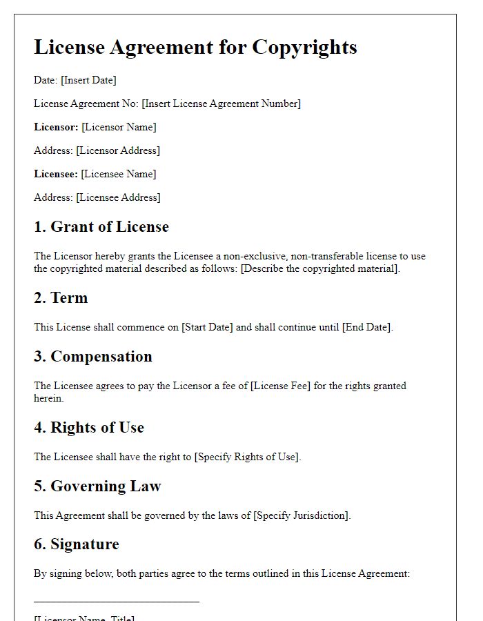 Letter template of License Agreement for Copyrights