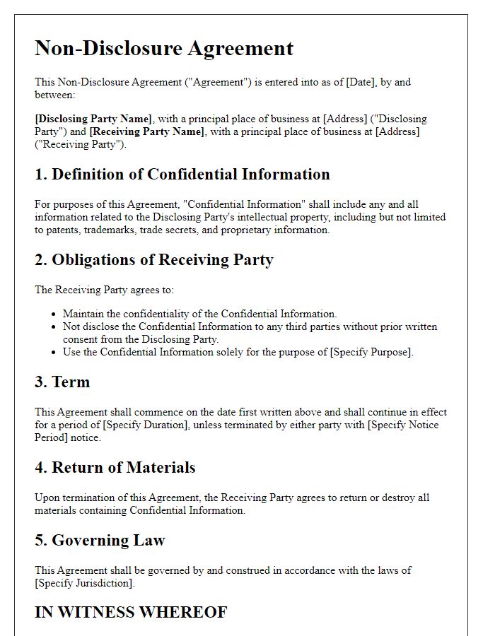 Letter template of Non-Disclosure Agreement for IP