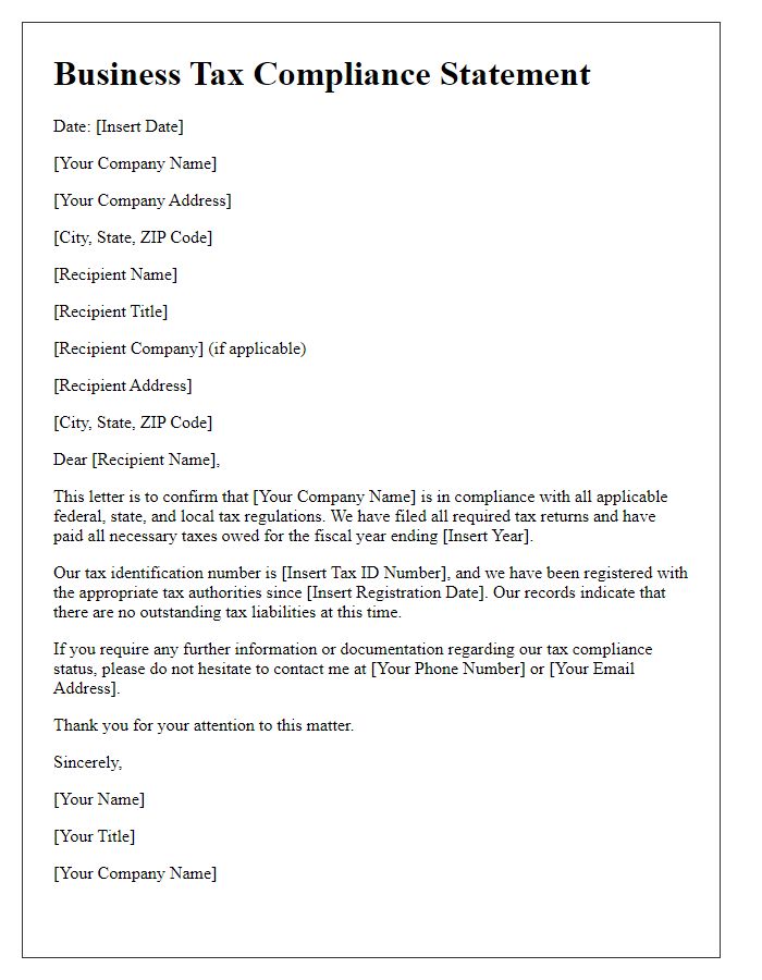 Letter template of business tax compliance statement