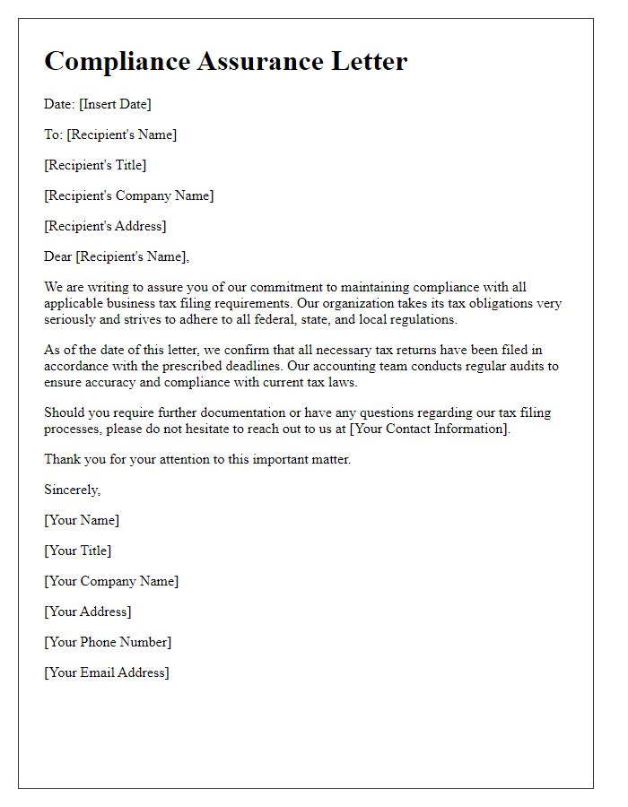 Letter template of business tax filing compliance assurance