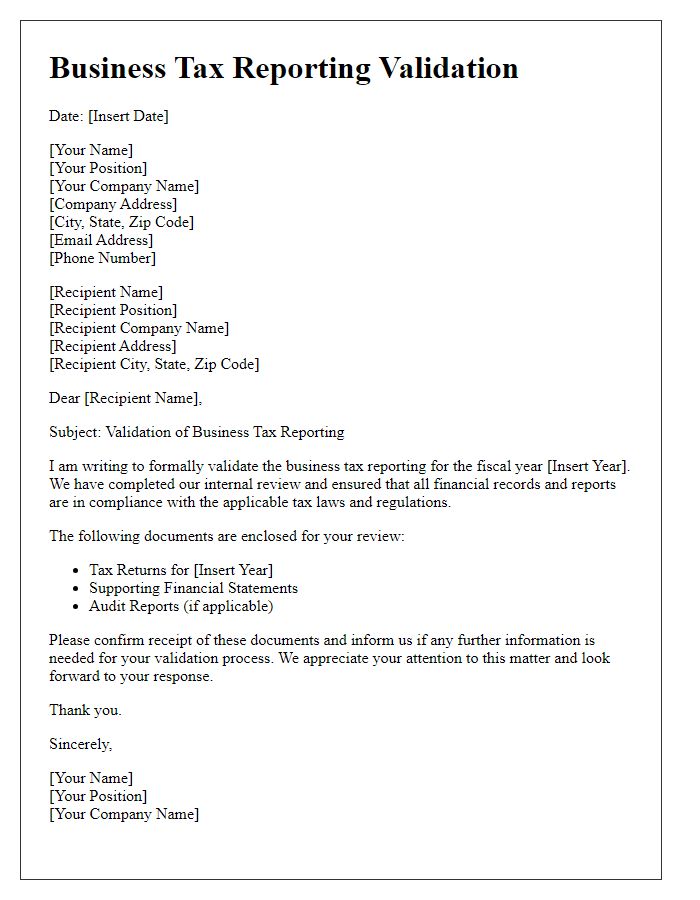 Letter template of business tax reporting validation