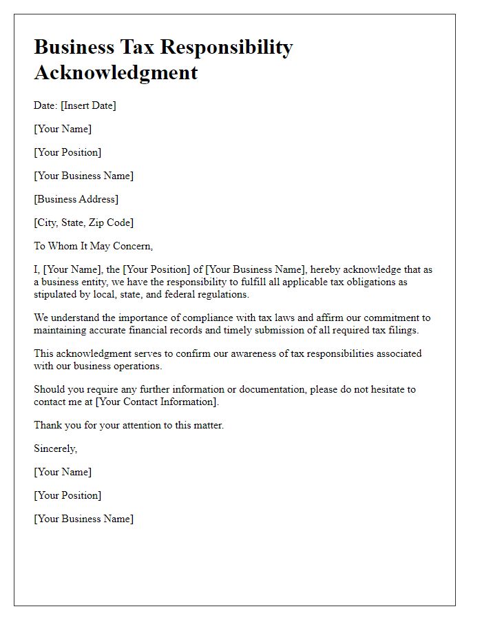 Letter template of business tax responsibility acknowledgment