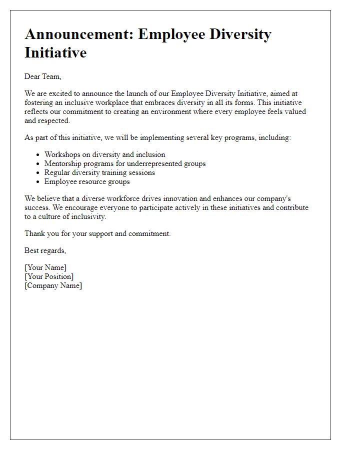 Letter template of announcement for employee diversity initiative.