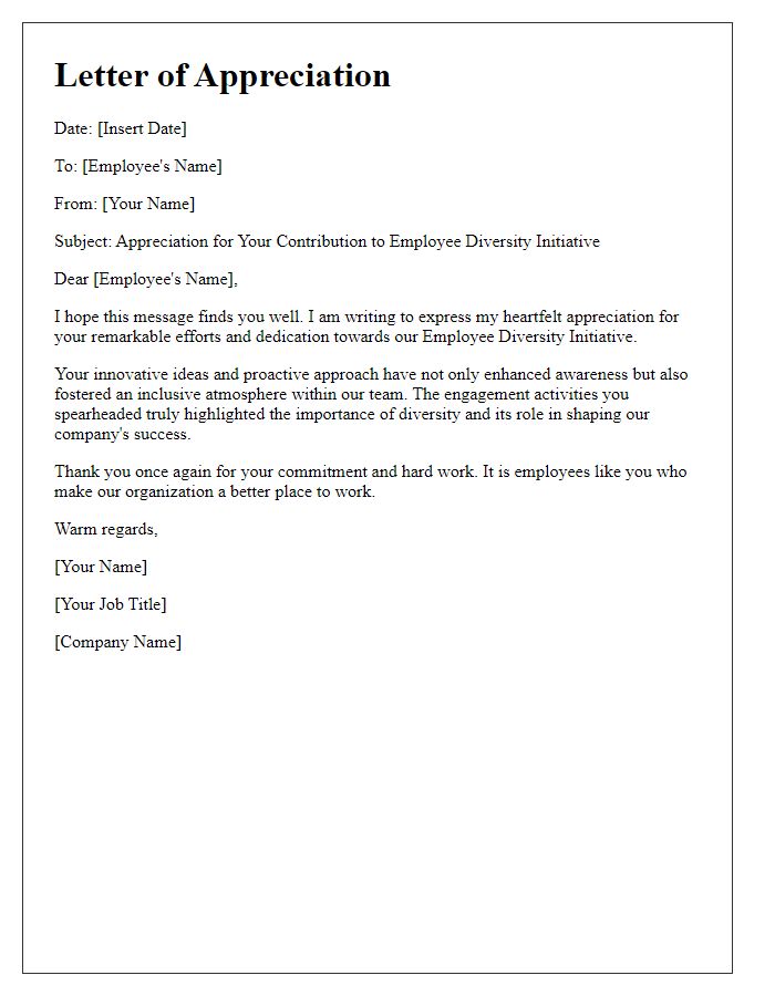 Letter template of appreciation for employee diversity initiative.