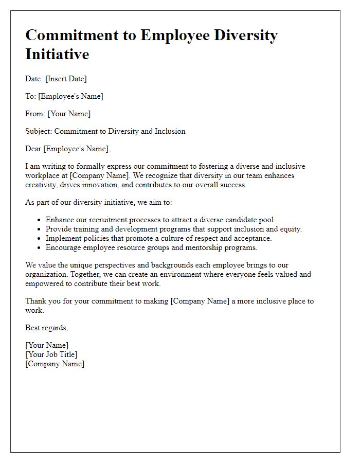 Letter template of commitment to employee diversity initiative.