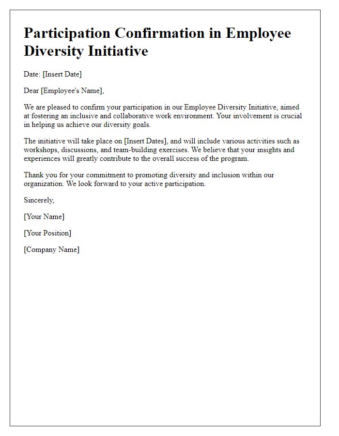 Letter template of participation in employee diversity initiative.