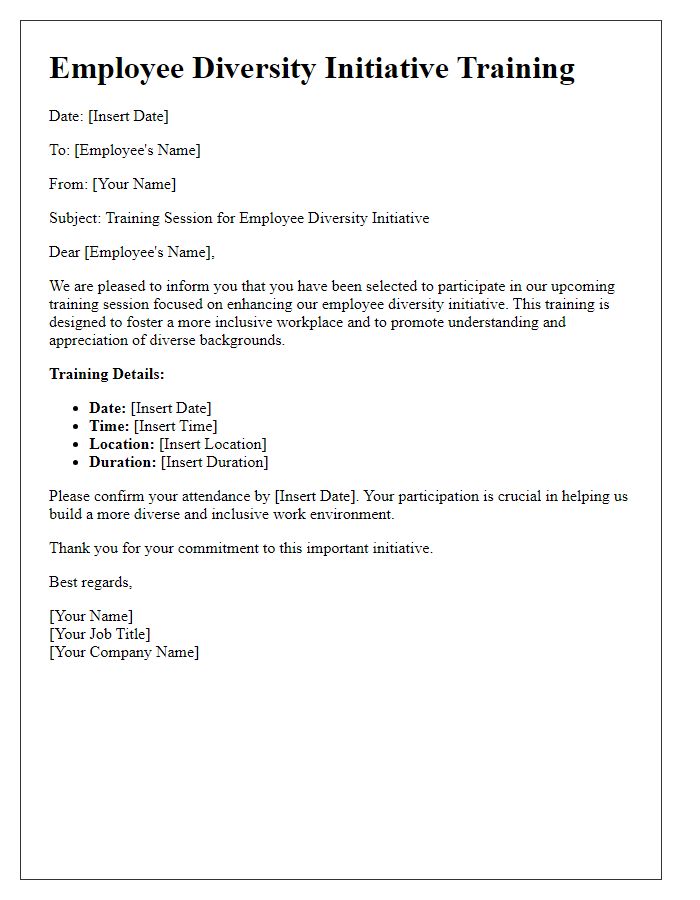 Letter template of training for employee diversity initiative.