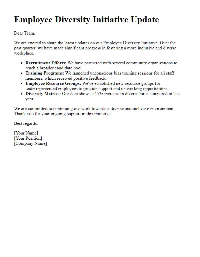 Letter template of updates on employee diversity initiative.