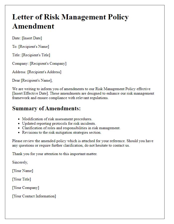 Letter template of risk management policy amendment