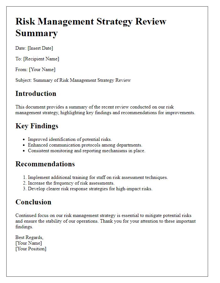 Letter template of risk management strategy review summary