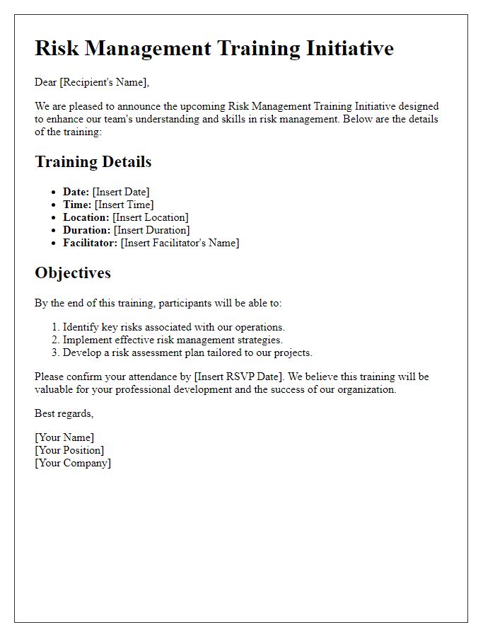 Letter template of risk management training initiative details