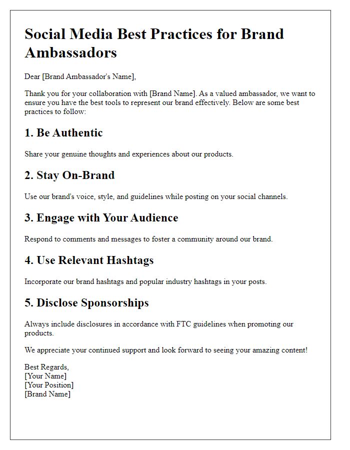 Letter template of social media best practices for brand ambassadors.