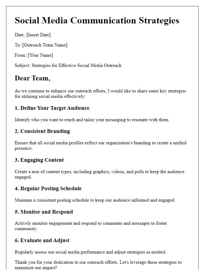 Letter template of social media communication strategies for outreach teams.