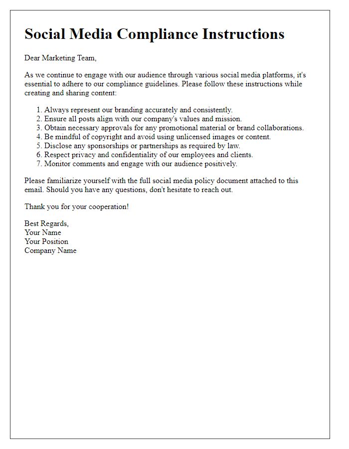 Letter template of social media compliance instructions for marketing staff.