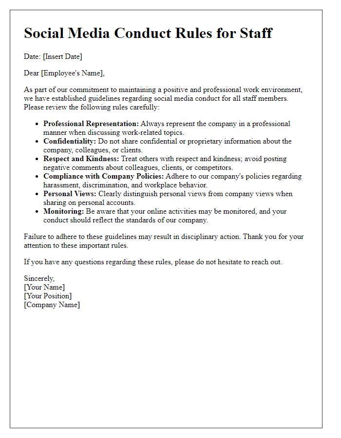 Letter template of social media conduct rules for staff.