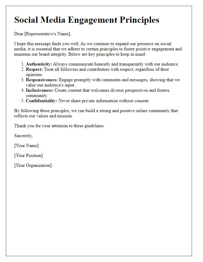 Letter template of social media engagement principles for representatives.