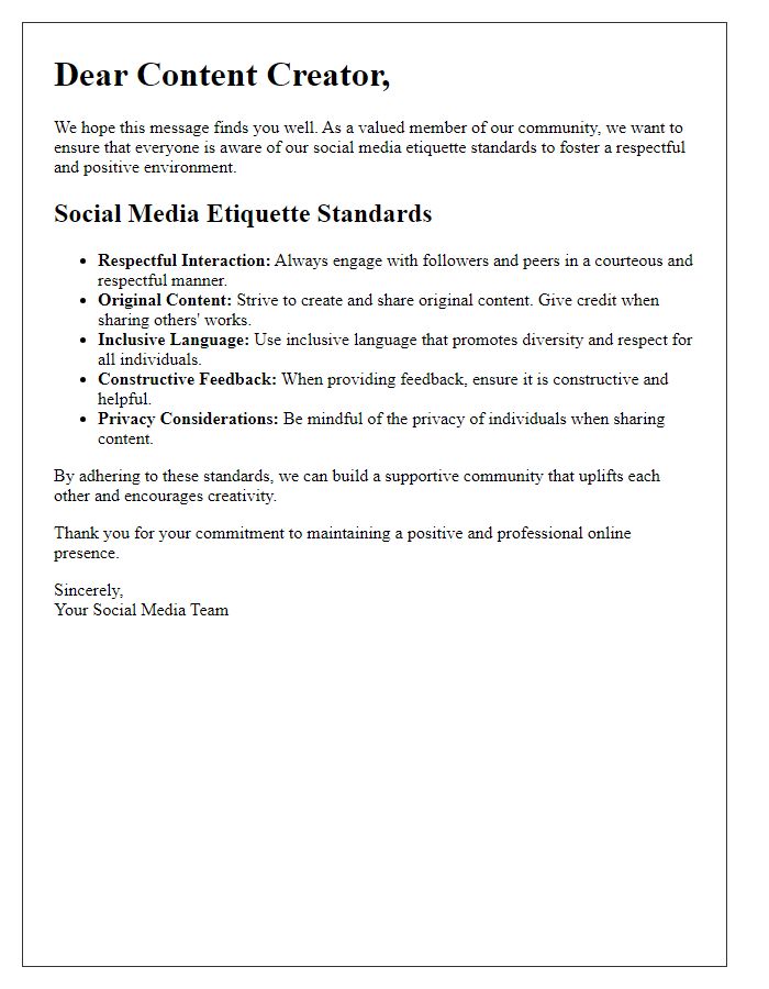 Letter template of social media etiquette standards for content creators.