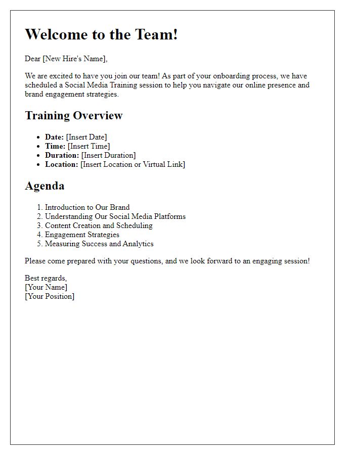 Letter template of social media training overview for new hires.