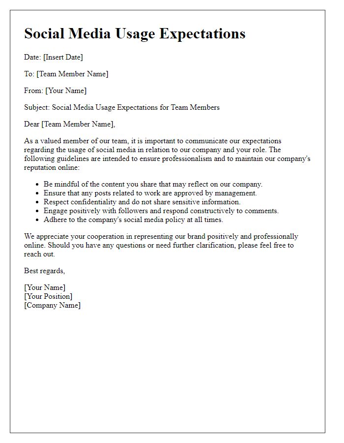 Letter template of social media usage expectations for team members.