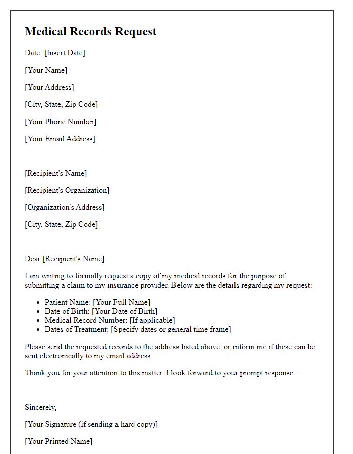 Letter template of medical records request for insurance purposes