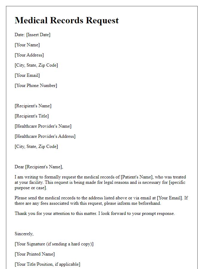 Letter template of medical records request for legal reasons