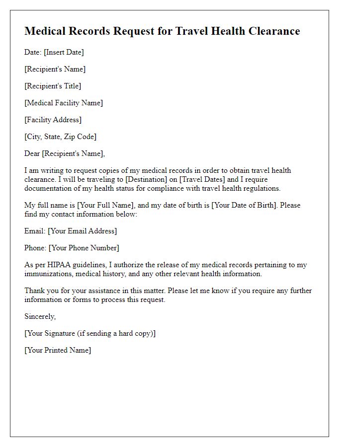 Letter template of medical records request for travel health clearance