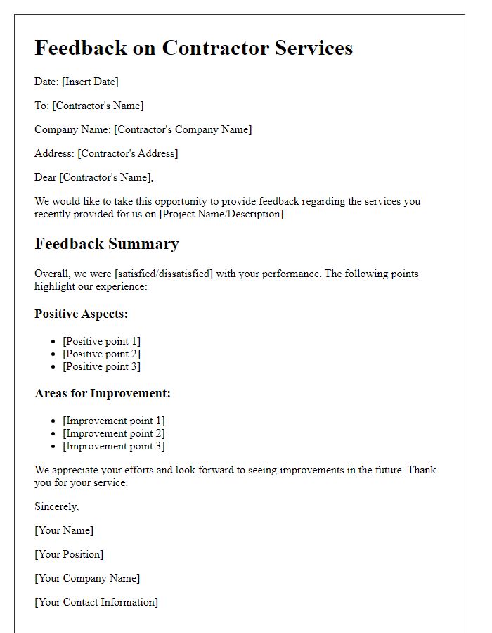 Letter template of contractor service feedback