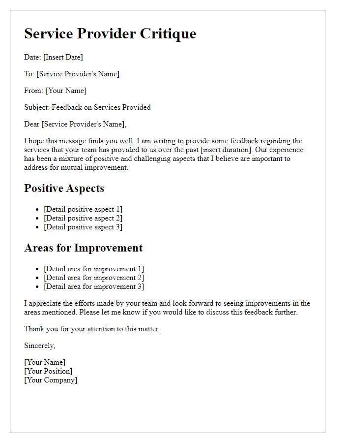 Letter template of service provider critique
