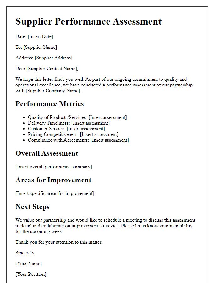 Letter template of supplier performance assessment