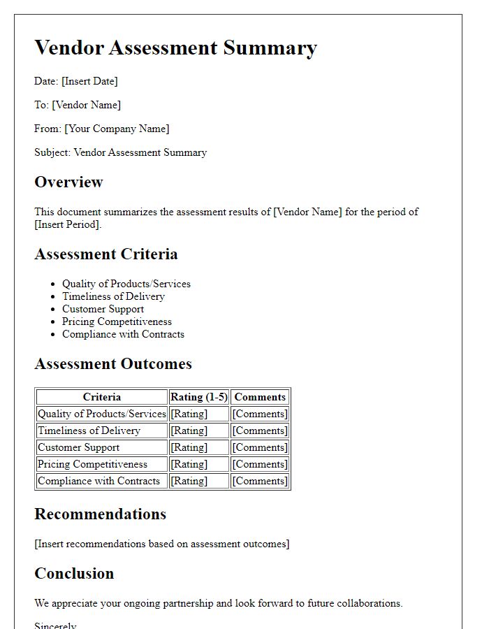 Letter template of vendor assessment summary