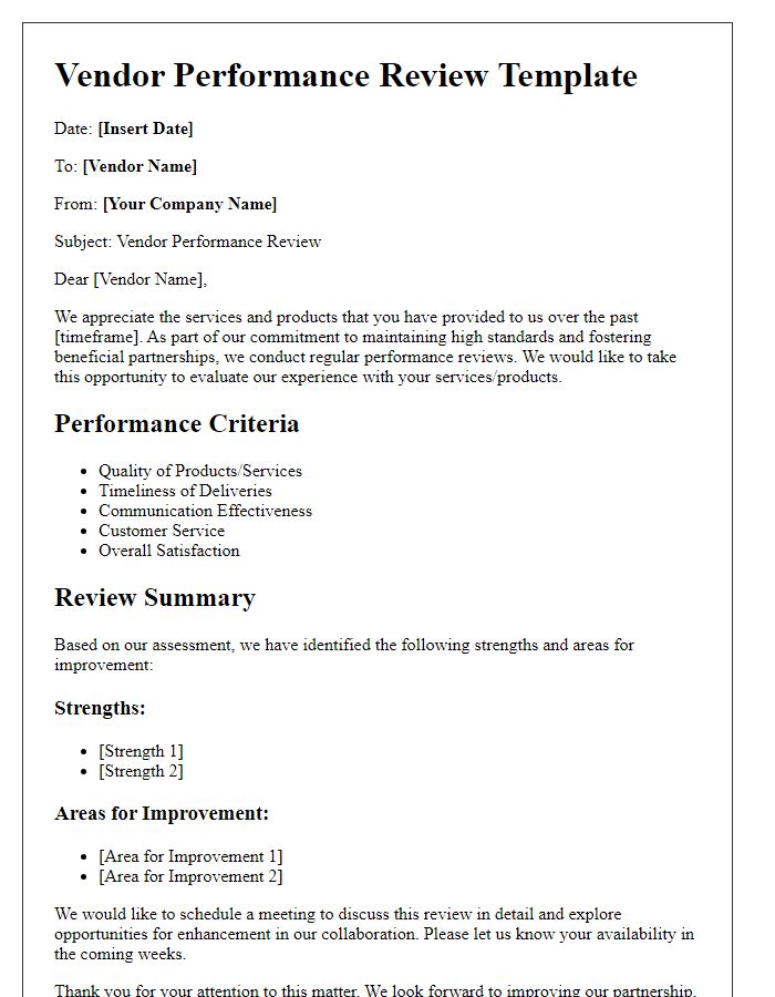 Letter template of vendor performance review