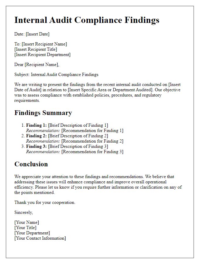 Letter template of internal audit compliance findings