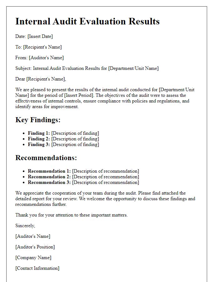 Letter template of internal audit evaluation results