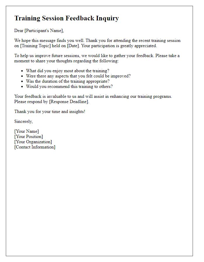 Letter template of training session feedback inquiry