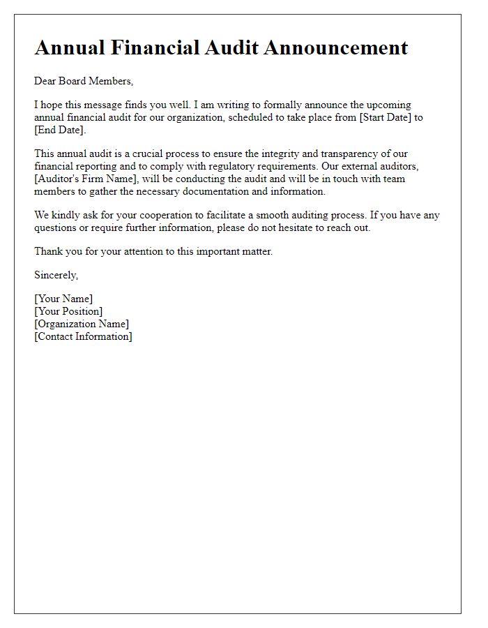 Letter template of annual financial audit announcement for board members