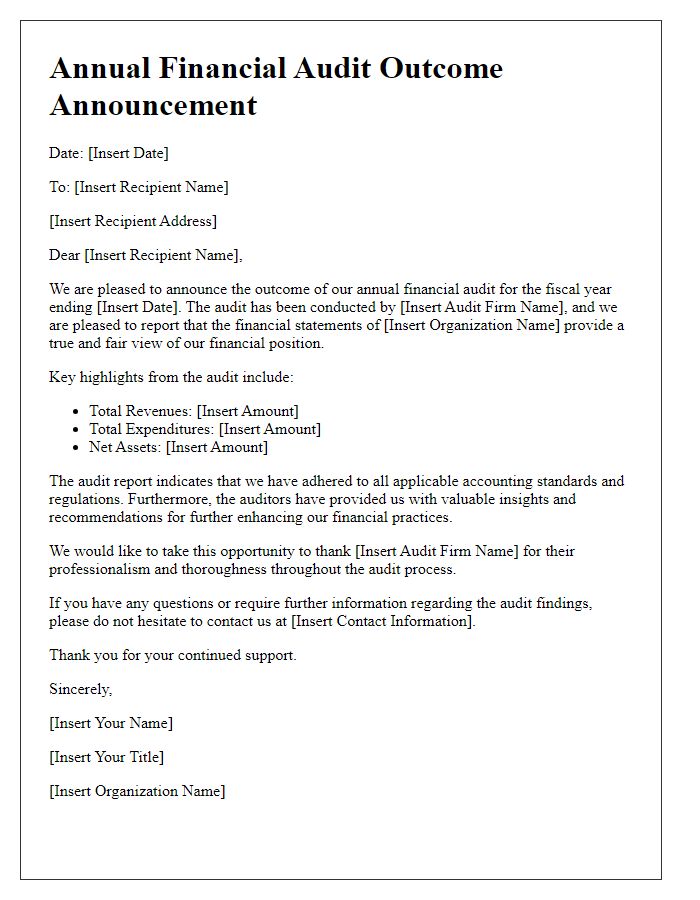 Letter template of annual financial audit outcome announcement