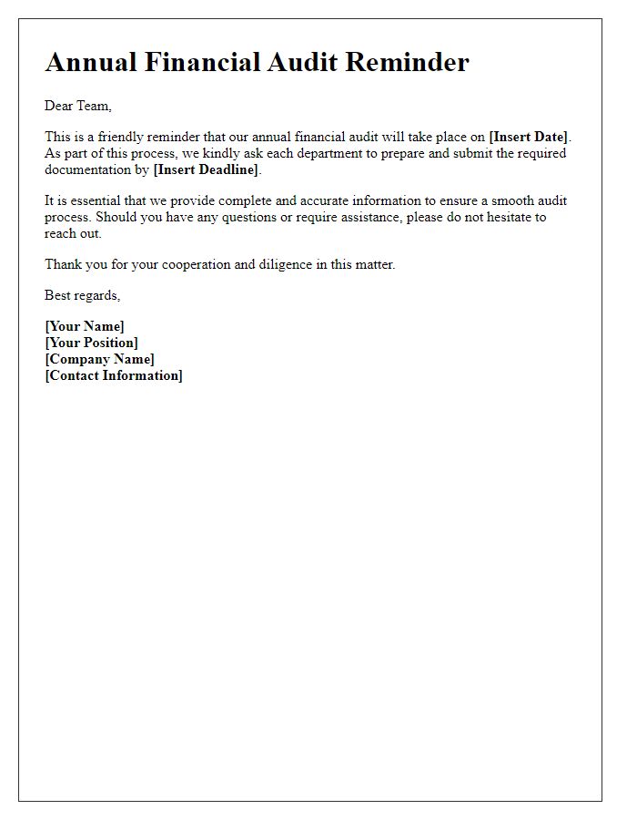 Letter template of annual financial audit reminder to employees