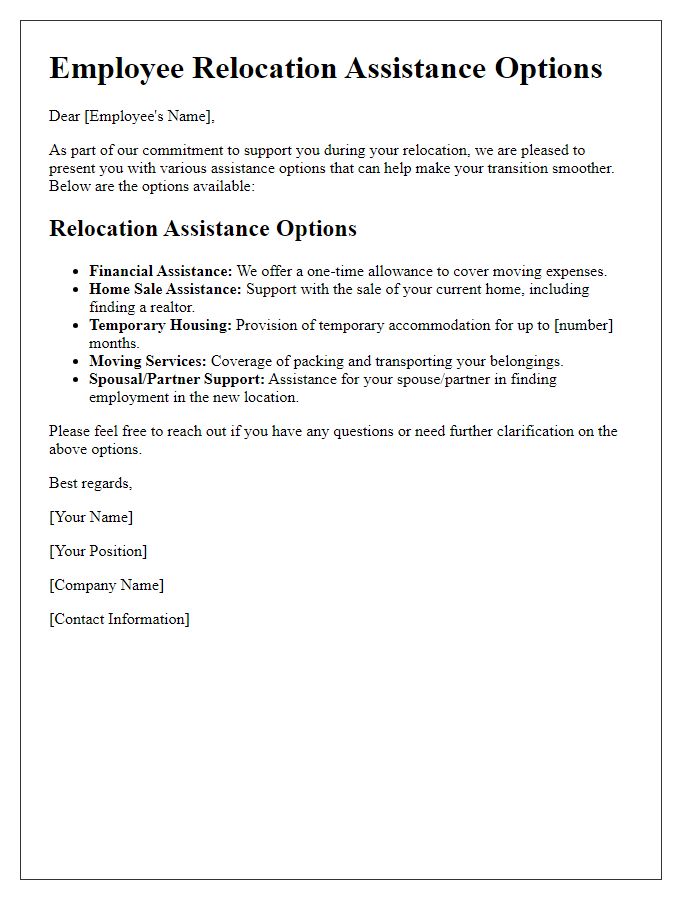 Letter template of employee relocation assistance options for staff