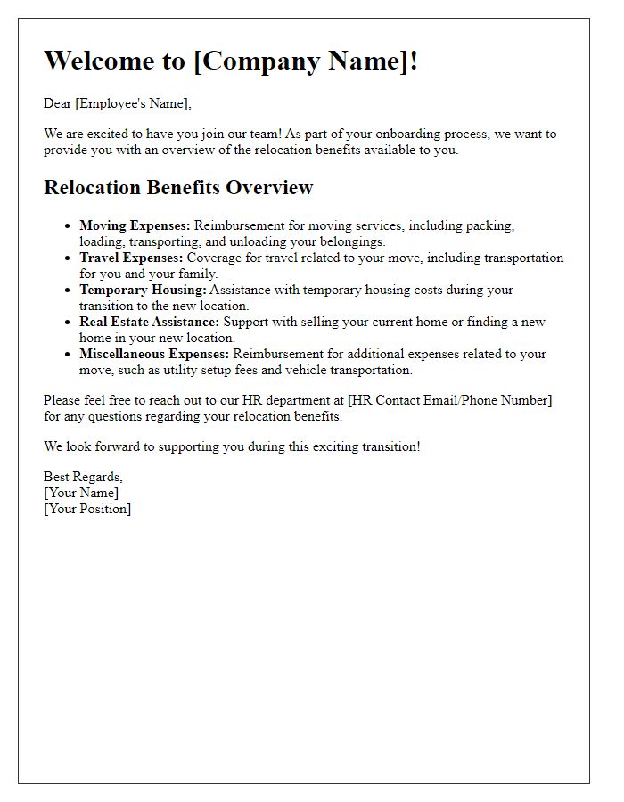 Letter template of employee relocation benefits overview for new hires