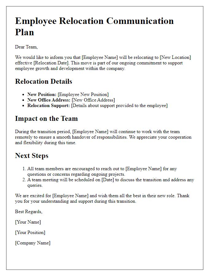 Letter template of employee relocation communication plan for teams