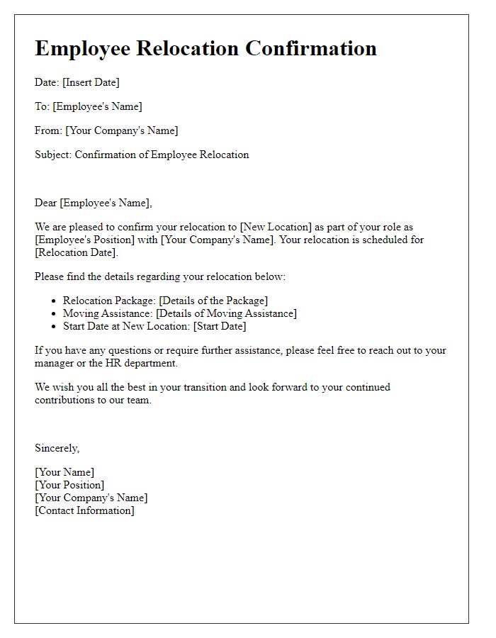 Letter template of employee relocation confirmation for the employee