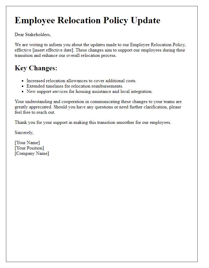 Letter template of employee relocation policy update for stakeholders